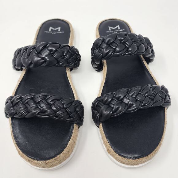 Marc Fisher Sandals Women 7.5M Jaimee Soft Black Leather Braided 2 Strap Slides - Picture 3 of 11